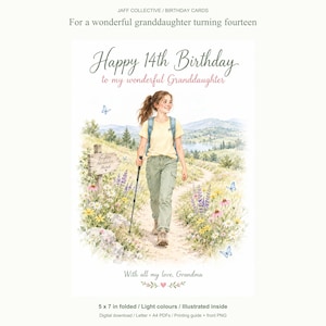 Op de afbeelding: Een verjaardagskaart met een aquarelillustratie van een jong persoon op een wandelpad met wilde bloemen, een houten bord met de tekst Brightest Adventures Ahead en blauwe vlinders. De tekst luidt Happy 14th Birthday to my wonderful Granddaughter.