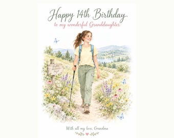 Könnte beinhalten: Eine Geburtstagskarte mit einer Aquarellillustration einer jungen Person auf einem Wanderweg mit Wildblumen, einem Holzschild mit der Aufschrift Brightest Adventures Ahead und blauen Schmetterlingen. Der Text lautet Happy 14th Birthday to my wonderful Granddaughter.