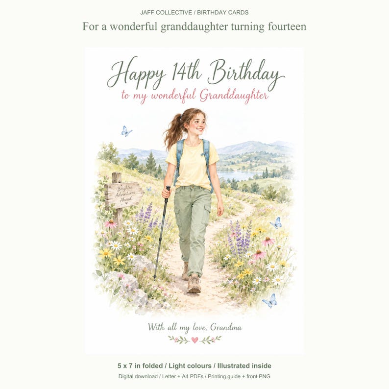 Op de afbeelding: Een verjaardagskaart met een aquarelillustratie van een jong persoon op een wandelpad met wilde bloemen, een houten bord met de tekst Brightest Adventures Ahead en blauwe vlinders. De tekst luidt Happy 14th Birthday to my wonderful Granddaughter.