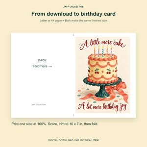 May include: A printable birthday card template featuring a cream-colored cake with red cherries, pink frosting, and five lit candles on a teal stand. The text reads A little more cake and A lot more birthday joy. Includes instructions for folding.