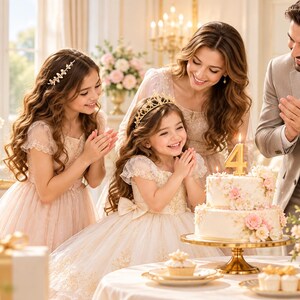 Może przedstawiać: Dwupiętrowy biały tort urodzinowy z ozdobną złotą świeczką w kształcie cyfry cztery, udekorowany r&oacute;żowymi i białymi kwiatami, umieszczony na złotym stojaku. Tort otaczają małe babeczki oraz liczne kompozycje kwiatowe.