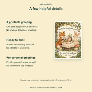 May include: A digital greeting card design featuring a fox, hedgehog, and rabbit at a woodland tea party. The text reads A little woodland party for a very special you. The illustration includes trees, flowers, and a cake on a table.