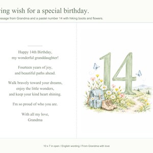 Op de afbeelding: Een wenskaart met de tekst A loving wish for a special birthday. De binnenzijde toont een bericht van oma voor een 14e verjaardag, naast een illustratie van het getal 14, een rugzak, wandelschoenen, bloemen en vlinders.