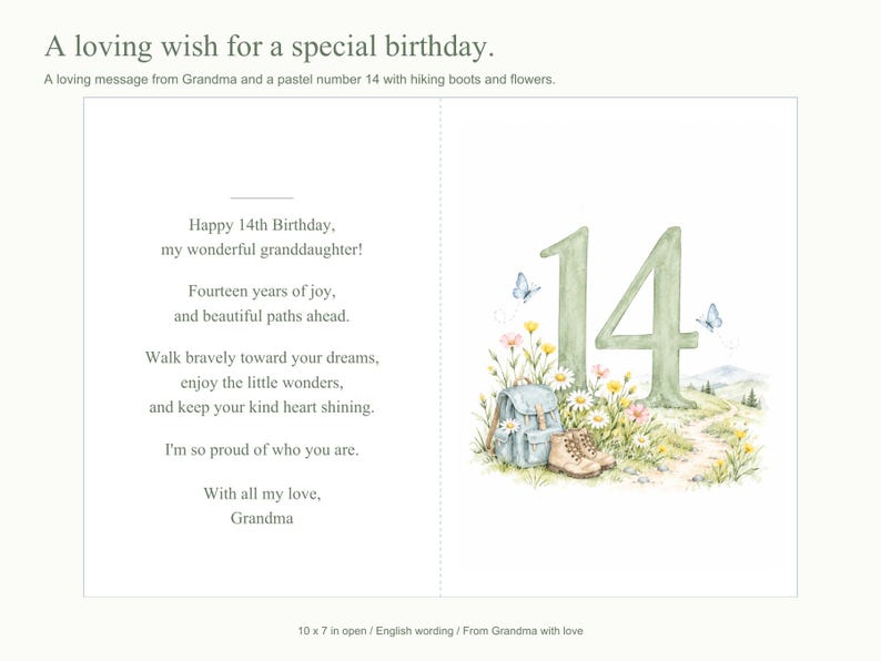 Op de afbeelding: Een wenskaart met de tekst A loving wish for a special birthday. De binnenzijde toont een bericht van oma voor een 14e verjaardag, naast een illustratie van het getal 14, een rugzak, wandelschoenen, bloemen en vlinders.