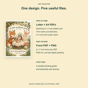 May include: A digital download listing from Jaff Collective featuring a woodland party illustration with a fox, hedgehog, and rabbit. Text includes One design. Five useful files., Letter + A4 PDFs, 5 x 7 inch folded card, and Front PDF + PNG.