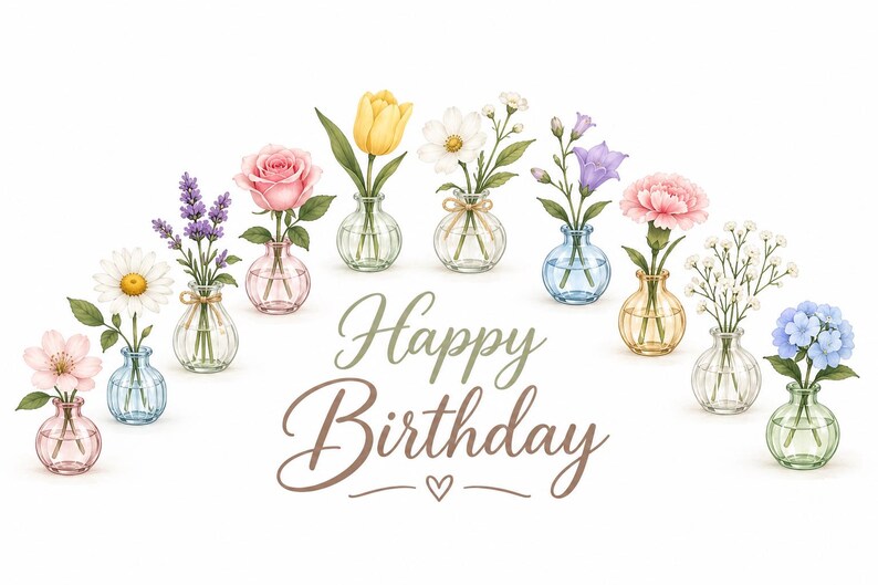 May include: A watercolor illustration featuring an arc of various colorful flowers in small glass vases, including lavender, roses, tulips, and daisies. The text "Happy Birthday" is written in a brown script font in the center with a small heart.