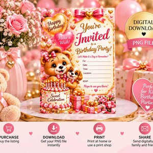 May include: A digital birthday party invitation template featuring a teddy bear and puppy next to a cake, gifts, and balloons. The text reads: Happy Birthday, Make a Wish, You're Invited to a Birthday Party, Let's Make it a Day to Remember.
