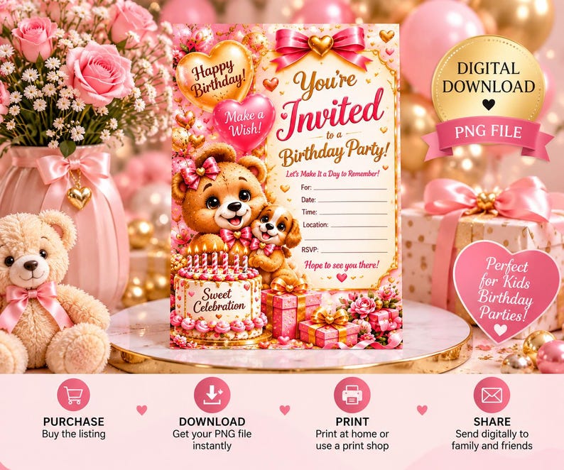 May include: A digital birthday party invitation template featuring a teddy bear and puppy next to a cake, gifts, and balloons. The text reads: Happy Birthday, Make a Wish, You're Invited to a Birthday Party, Let's Make it a Day to Remember.