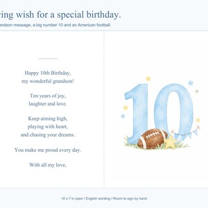 May include: A birthday greeting card featuring a watercolor illustration of a large blue number 10, a brown American football, a yellow star, and blue bunting. The text reads: Happy 10th Birthday, my wonderful grandson! Ten years of joy, laughter and love.