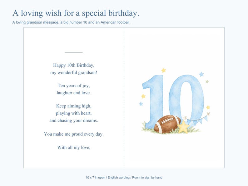 May include: A birthday greeting card featuring a watercolor illustration of a large blue number 10, a brown American football, a yellow star, and blue bunting. The text reads: Happy 10th Birthday, my wonderful grandson! Ten years of joy, laughter and love.