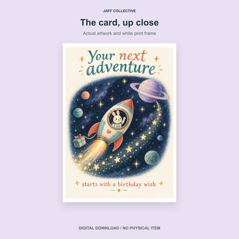 May include: A greeting card featuring a space scene with a rocket ship piloted by a rabbit. The text reads Your next adventure starts with a birthday wish. The rocket has a trail of stars, planets, and a gift box against a dark blue background.