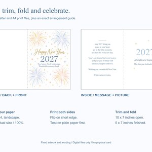 Peut inclure: Un mod&egrave;le de carte de v&oelig;ux pour la nouvelle ann&eacute;e avec des feux d'artifice et le texte Happy New Year 2027. Le design comprend les panneaux avant, arri&egrave;re et int&eacute;rieurs. La carte finie mesure 12,7 par 17,8 cm une fois pli&eacute;e &agrave; partir d'une feuille.