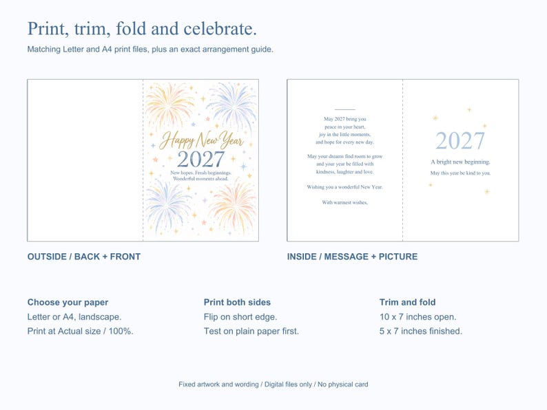 Peut inclure: Un mod&egrave;le de carte de v&oelig;ux pour la nouvelle ann&eacute;e avec des feux d'artifice et le texte Happy New Year 2027. Le design comprend les panneaux avant, arri&egrave;re et int&eacute;rieurs. La carte finie mesure 12,7 par 17,8 cm une fois pli&eacute;e &agrave; partir d'une feuille.