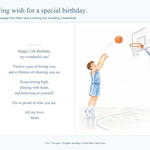 May include: A birthday greeting card featuring the text A loving wish for a special birthday. The interior includes the message Happy 12th Birthday, my wonderful son! and an illustration of a boy in a light blue jersey shooting a basketball.
