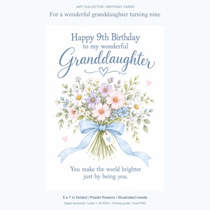 Op de afbeelding: Een verjaardagskaart met een aquarelboeket van madeliefjes en wilde bloemen, samengebonden met een lichtblauw lint. De tekst luidt: Happy 9th Birthday to my wonderful Granddaughter. You make the world brighter just by being you.
