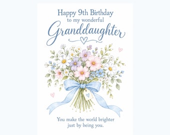 Könnte beinhalten: Eine Geburtstagskarte mit einem Aquarell-Blumenstrauß aus Gänseblümchen und Wildblumen, gebunden mit einem hellblauen Band. Der Text lautet: Happy 9th Birthday to my wonderful Granddaughter. You make the world brighter just by being you.