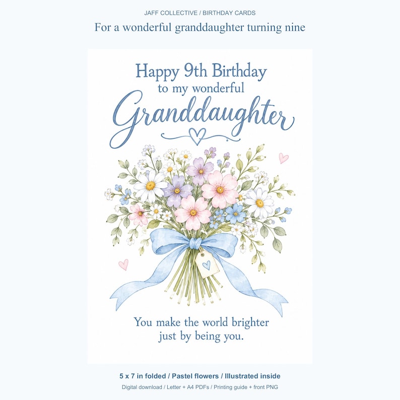 Op de afbeelding: Een verjaardagskaart met een aquarelboeket van madeliefjes en wilde bloemen, samengebonden met een lichtblauw lint. De tekst luidt: Happy 9th Birthday to my wonderful Granddaughter. You make the world brighter just by being you.