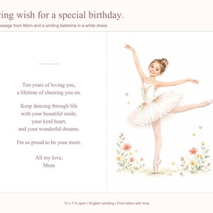 Op de afbeelding: Een verjaardagskaart met een glimlachende ballerina in een witte jurk met bloemaccenten. De tekst luidt: A loving wish for a special birthday. Ten years of loving you, a lifetime of cheering you on. Keep dancing through life with your beautiful smile, your kind heart, and your wonderful dreams. I'm so proud to be your mom. All my love, Mom.
