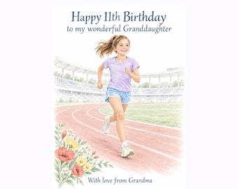Könnte beinhalten: Eine Geburtstagskarte mit einer Aquarellillustration einer jungen laufenden Person auf einer Laufbahn. Der Text lautet: Happy 11th Birthday to my wonderful Granddaughter. Das Design enthält einen Strauß roter und gelber Blumen in der unteren linken Ecke sowie den Text With love from Grandma. Die Karte misst 12,7 mal 17,8 cm.