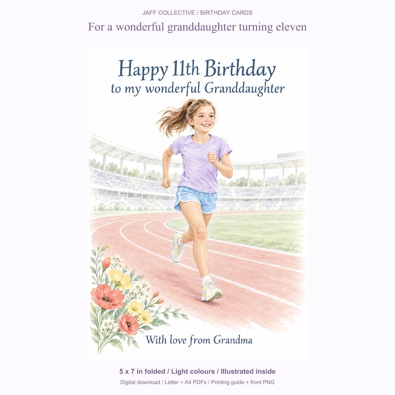 May include: A birthday card featuring a watercolor illustration of a young runner on a track. Text reads: Happy 11th Birthday to my wonderful Granddaughter. The design includes a bouquet of red and yellow flowers at the bottom left corner and the text With love from Grandma. The card measures 5 by 7 inches.
