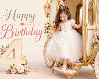 Könnte beinhalten: Ein Kind in einem weißen Kleid mit Goldstickerei und Diadem steigt aus einer goldenen Kutsche. Neben der Kutsche steht eine große Zahl 4, die mit rosa und weißen Blumen verziert ist. Der Text Happy Birthday ist in grüner und rosa Schrift.