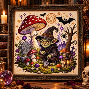 Goblincore Graveyard Cross Stitch Pattern | Goblin, Mushrooms, Bats (PDF)