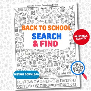 Puede incluir: Una hoja de actividades imprimible en blanco y negro titulada Back to School Search and Find. La página presenta numerosas ilustraciones pequeñas de objetos escolares, un gráfico de lupa y casillas de verificación en la parte inferior.
