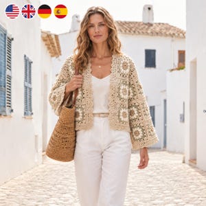 Floral Granny Square Cardigan Pattern, Boho Patchwork Crochet Jacket (Digital Download)
