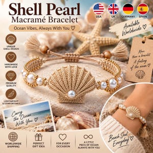 May include: A beige macramé bracelet featuring a central shell-shaped knot with a white pearl accent. The band includes smaller white pearls and gold-toned beads, finished with adjustable cords and wooden beads. Text includes Shell Pearl Macramé Bracelet.