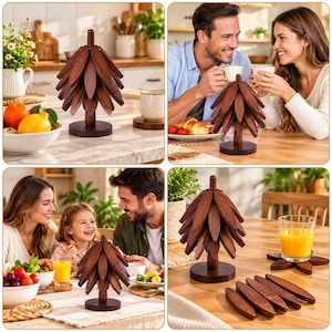 May include: A dark brown wooden coaster set featuring a central stand with multiple leaf-shaped slats that can be removed and used as individual coasters. The stand has a circular base and a vertical post, holding the wooden pieces in a tree-like shape.