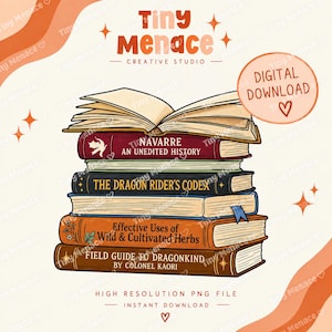 Pode incluir: Uma pilha de cinco livros com um livro aberto no topo. As lombadas estão rotuladas: Navarre An Unedited History, The Dragon Rider's Codex, Effective Uses of Wild & Cultivated Herbs e Field Guide to Dragonkind por Colonel Kaori. O texto inclui Tiny Menace.