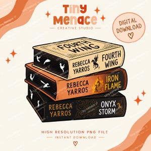 May include: A digital illustration of a stack of three books. The top book is cream with the text Fourth Wing and Rebecca Yarros. The middle book is orange with the text Iron Flame and Rebecca Yarros. The bottom book is black with the text Onyx Storm.
