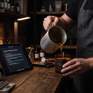 May include: A metal pouring pitcher dispensing warm amber liquid wax into a dark brown glass candle jar with a black label reading SANTAL & AMBER. A tablet displays a Candle Formulation Guide, while various glass bottles and scales sit nearby.