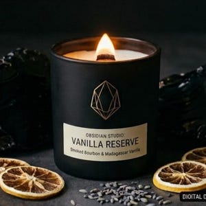May include: A matte black candle jar with a lit wooden wick. The label reads OBSIDIAN STUDIO: VANILLA RESERVE Smoked Bourbon & Madagascar Vanilla. The jar features a gold geometric logo and is surrounded by black stones and dried orange slices.