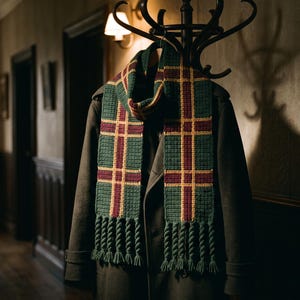 May include: A crocheted scarf featuring a plaid pattern in dark green, deep red, and yellow. The scarf has a textured, grid-like stitch and is finished with thick, twisted fringe tassels at both ends, draped over a dark olive coat on a rack.