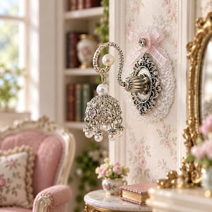 May include: A miniature wall-mounted lamp featuring an ornate silver-toned metal base, a curved arm, and a bell-shaped shade adorned with clear crystals and small white pearls. A pale pink ribbon bow is attached to the wall mount.