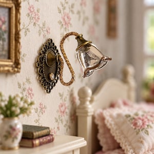 May include: A miniature wall-mounted lamp featuring an ornate, antique brass-toned oval backplate with a small white bead accent. A curved, textured gold-toned arm supports a clear, bell-shaped glass shade with a brass-toned metal cap.