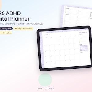May include: A 2026 ADHD digital planner displayed on a tablet screen, featuring a monthly calendar view and a daily page layout. The text includes 2026 ADHD Digital Planner, 453 pages, hyperlinked, Monday + Sunday start, and GoodNotes - Notability.