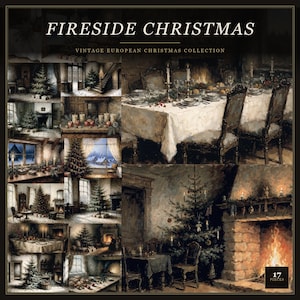 Könnte beinhalten: Eine 17-teilige Sammlung mit dem Titel Fireside Christmas Vintage European Christmas Collection, die verschiedene gedruckte Szenen von geschmückten Weihnachtsbäumen, Esstischen mit Gedecken und Steinkaminen mit brennenden Feuern zeigt.