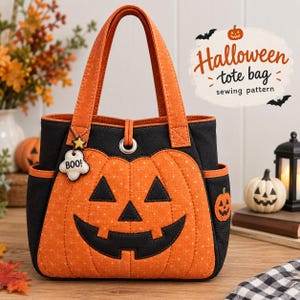 May include: A quilted orange and black tote bag featuring a jack-o'-lantern face design on the front, two top handles, side pockets, and a small white tag with the text BOO! attached. The text Halloween tote bag sewing pattern is visible.