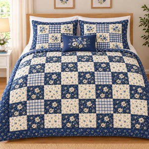 May include: A bed quilt featuring a patchwork pattern of alternating navy blue floral squares and cream-colored floral squares, with matching pillow shams and a rectangular navy blue accent pillow with a central floral bouquet design.