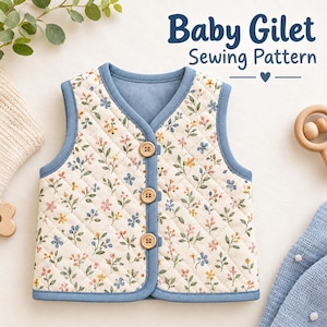Può includere: Un gilet trapuntato per neonati in tessuto color crema con un delicato motivo floreale di piccoli fiori rosa, gialli e blu. Il gilet presenta un bordo blu, uno scollo a V e tre bottoni in legno chiaro. Il testo recita: Baby Gilet Sewing Pattern.