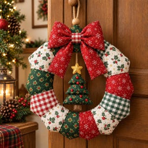 Quilted Christmas Wreath Pattern PDF | Christmas Wreath Sewing Pattern | Patchwork Fabric Wreath | Holiday Door Decor | Quilt Pattern