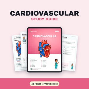 May include: A digital cardiovascular study guide displayed on a tablet screen, featuring a central heart illustration, a list of topics, and a cartoon nurse character. Additional pages showing heart anatomy and medical text are fanned out behind.