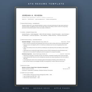 May include: A clean, professional resume template titled ATS RESUME TEMPLATE. The document features sections for professional summary, core competencies, experience, education, and certifications, with placeholders for contact information and text.
