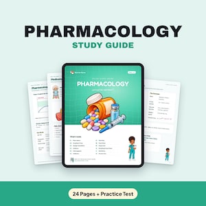 May include: A pharmacology study guide featuring a digital tablet display showing a cover with an orange pill bottle, colorful capsules, a blue vial, and a syringe. The cover includes the text Pharmacology, What's Inside, and a nurse illustration.
