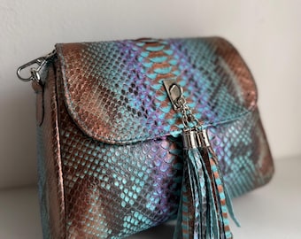 Python Leather Crossbody Bag, Multicolor Snakeskin Purse with Tassels, Women’s Shoulder Bag, Handmade Leather Handbag