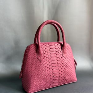 Pink Python Leather Handbag, Handmade Snakeskin Top Handle Bag, Small Structured Leather Purse