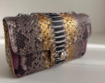 Python Leather Shoulder Bag, Multicolor Snakeskin Purse, Women’s Chain Crossbody Bag, Handmade Leather Handbag
