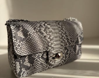 Python Leather Shoulder Bag, Snakeskin Crossbody Purse, Chain Strap Handbag, Small Women’s Evening Bag